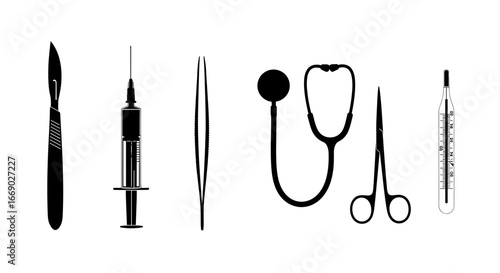 Medical Instruments Still Life: Black Silhouettes on White Backdrop