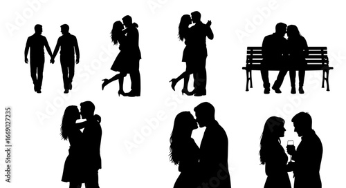 Romantic Moments: Silhouettes of Couples Walking, Embracing, Kissing, and Sharing Intimacy
