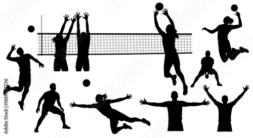 Dynamic Volleyball Action Silhouettes Showcasing Athleticism and Teamwork