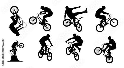 BMX Bicycle Stunt Silhouettes on White Background: Action and Excitement