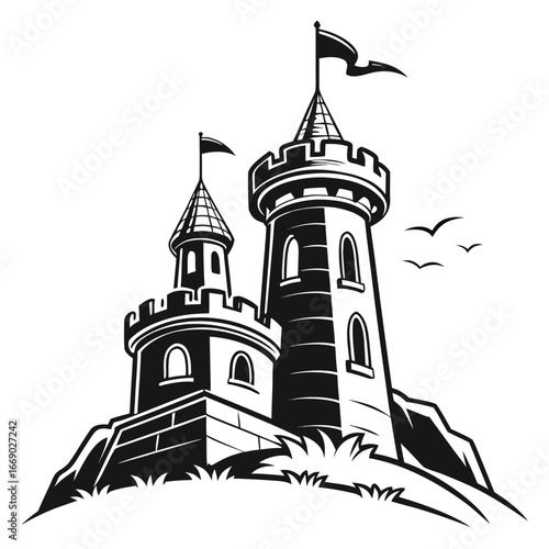 Castle towers glowing on spiral peak silhouette
