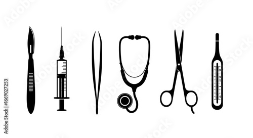 Medical tools arrayed in a minimalist monochrome vector illustration.