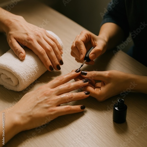 Close-up of manicure session with female hands and dark nail polish on caucasian adult woman