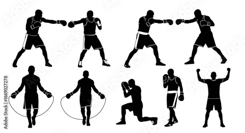Dynamic Boxer Silhouettes Displaying Training, Fighting, and Celebrating Victory