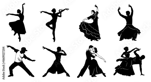 Elegant black silhouettes showcasing various dance forms on a white background