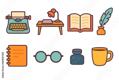Creative Writing Tools. Flat vector mini-illustrations author in colors children's illustrations: typewriter, writing desk, open