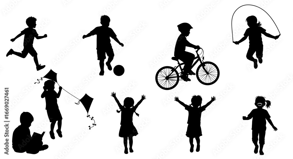Obraz premium Playful Silhouette Collection: Children Enjoying Various Outdoor Activities on a Sunny Day