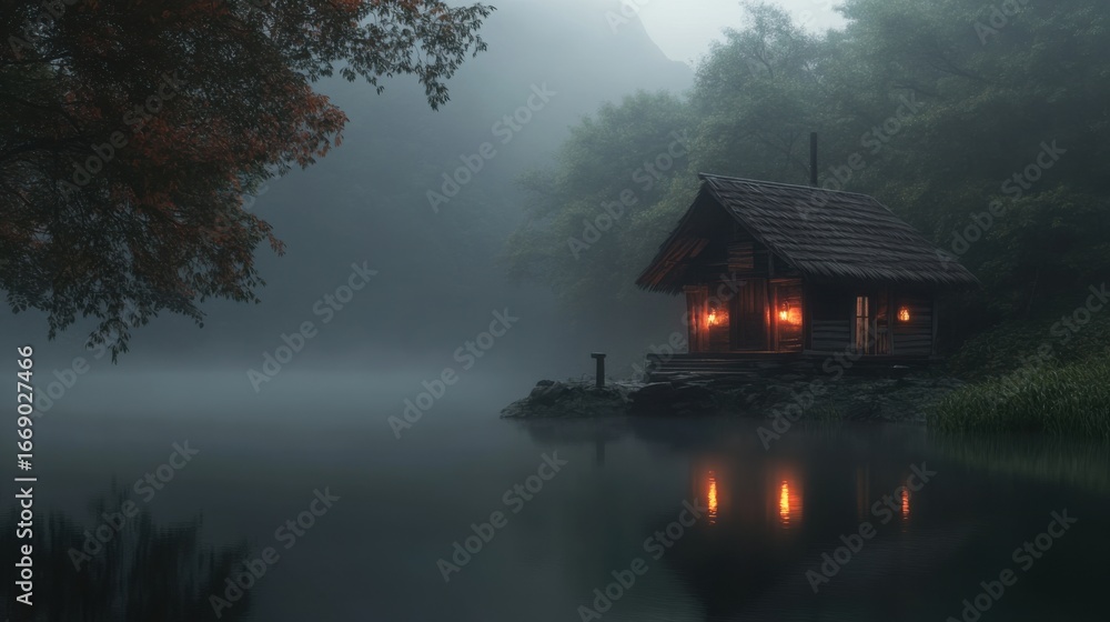 Fototapeta premium Tranquil cabin by misty lake at dusk with warm glowing lights