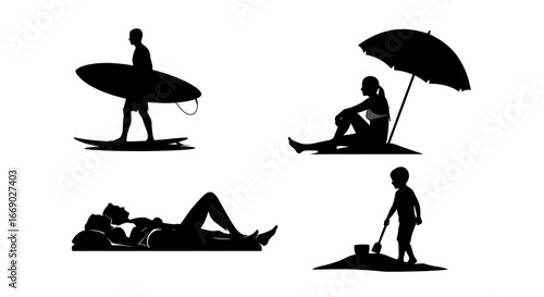 Silhouette Illustration of Summer Beach Activities Featuring Relaxing People