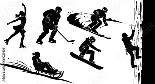 Winter sports and activities monochrome collection silhouettes on white background
