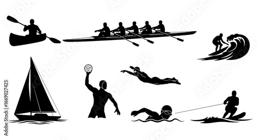Aquatic sports icon collection featuring various water sport activities