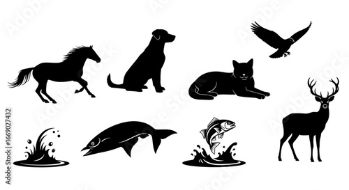 Animal Kingdom Silhouettes: Horse, Dog, Cat, Eagle, Deer, and Fish