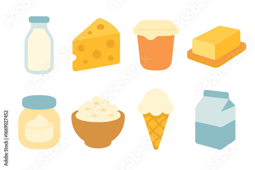 Dairy Delights Grid. Flat vector mini-illustrations fresh dairy in colors children's illustrations: milk bottles, cheese wedges,