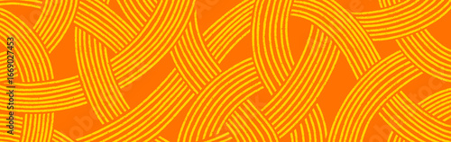 Chinese ramen doodle background. Asian food banner design. Wavy spaghetti graphic texture with crayon drawn thin lines. Chinese abstract thin noodles bg. Vector yellow and orange illustration