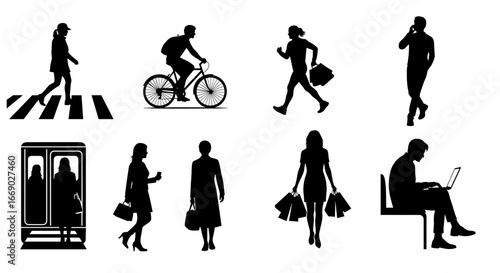 Diverse Silhouettes Depicting Urban Life and Various Daily Activities