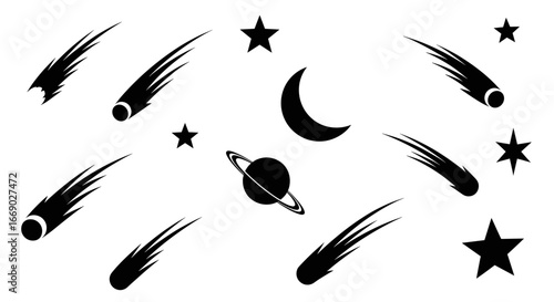 Minimalist celestial pattern with moon, stars, comets, and a ringed planet.