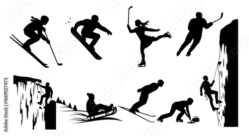 Dynamic Silhouette Collection of Winter Sporting Activities in Black and White