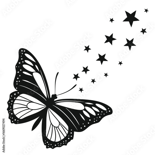Butterfly wings glowing under glowing stars silhouette