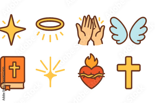 Divine Blessings Icons. Flat vector mini-illustrations divine blessing in colors children's illustrations: shining star, angel