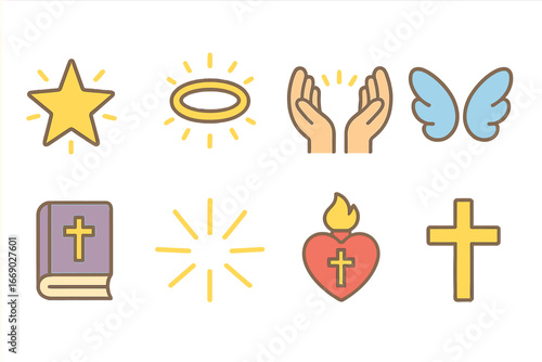 Divine Blessings Icons. Flat vector mini-illustrations divine blessing in colors children's illustrations: shining star, angel