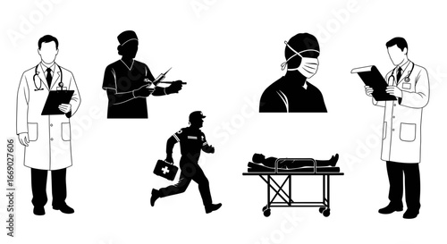 Medical Professionals Silhouettes in Action, a Black and White Illustration