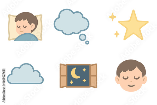Dreamy Child Icons. Flat vector mini-illustrations regret and dreams in colors children's illustrations: sleeping child, dream
