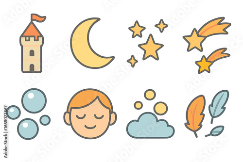 Dreamy Night Icons. Flat vector mini-illustrations ivory tower and dreams in colors children's illustrations: crescent moon, star