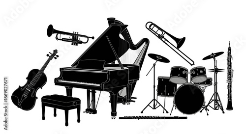 Orchestral Harmony: An Array of Instruments in Black and White