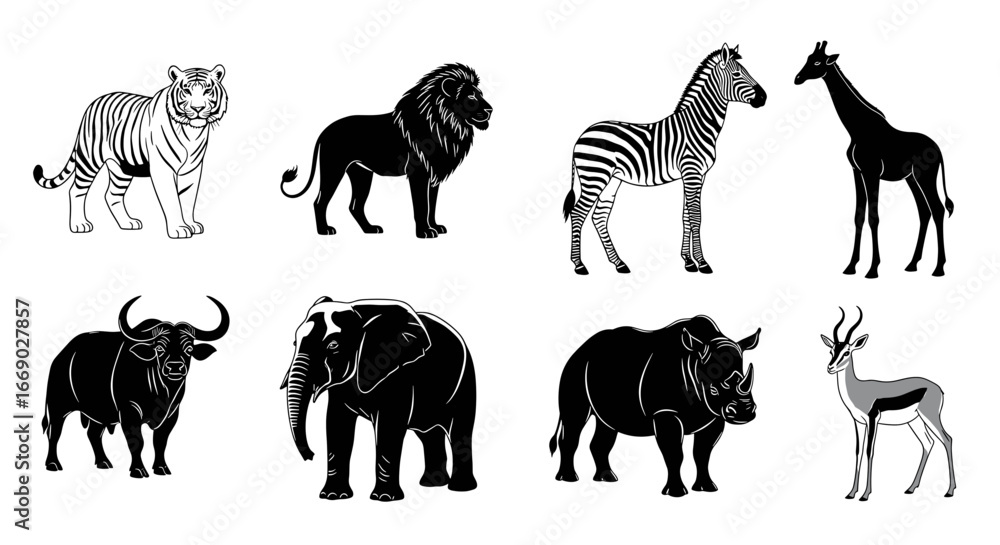 Naklejka premium Black and White Animals Illustrations Set for Africa Wildlife Concept