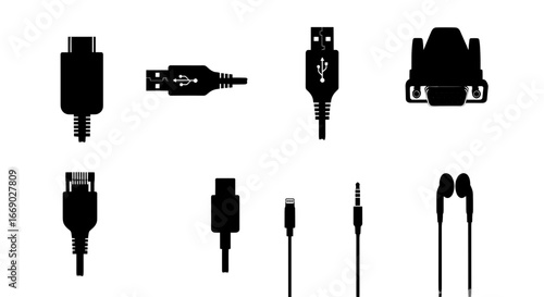 Assorted black silhouette cables and connectors on a stark white background.