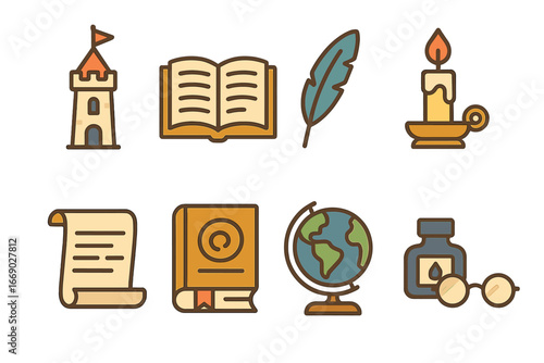 Educational Icon Set. Flat vector mini-illustrations ivory tower and knowledge in colors children's illustrations: open book,
