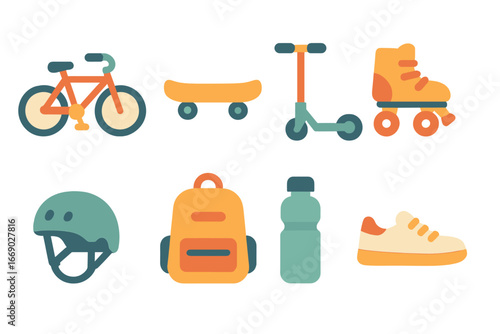 Economical Transport Icons. Flat vector mini-illustrations economical transport in colors children's illustrations: basic bike,