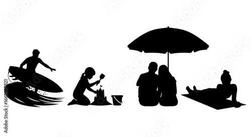 Black silhouette depicting different beach activities on a white background.
