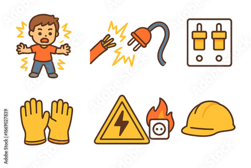 Electrical Safety Icons. Flat vector mini-illustrations electrical accidents in colors children's illustrations: electric shock,