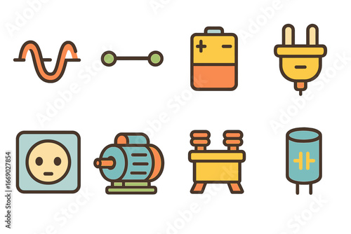 Electricity Icons for Kids. Flat vector mini-illustrations alternating and direct voltage in colors children's illustrations: AC