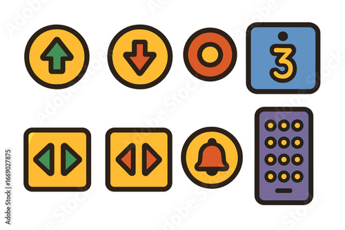 Elevator Controls Icons. Flat vector mini-illustrations elevator controls in colors children's illustrations: up button, down