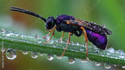 Iridescent wasp rests on a dew-covered green stem in a macro outdoor shot