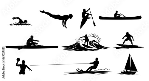 Diverse water sports silhouette collection on a clean white backdrop.