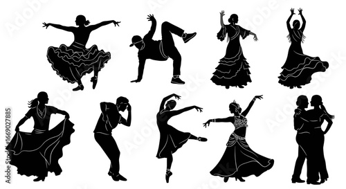 Diverse dancing styles vector silhouette collection on a white backdrop