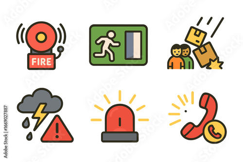 Emergency Icon Collection. Flat vector mini-illustrations panic situations in colors children's illustrations: fire alarm ringing,