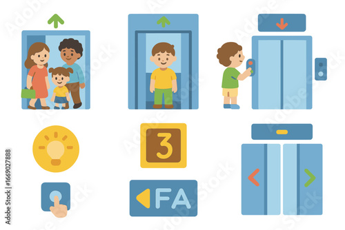 Elevator Icons for Kids. Flat vector mini-illustrations elevator rides in colors children's illustrations: people entering