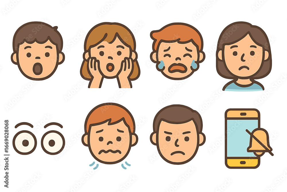 Fototapeta premium Emotional Reactions Icons. Flat vector mini-illustrations bad news reactions in colors children's illustrations: shock face, hands