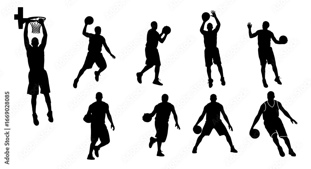Fototapeta premium Dynamic Basketball Player Silhouettes in Action, Isolated on White Backdrop