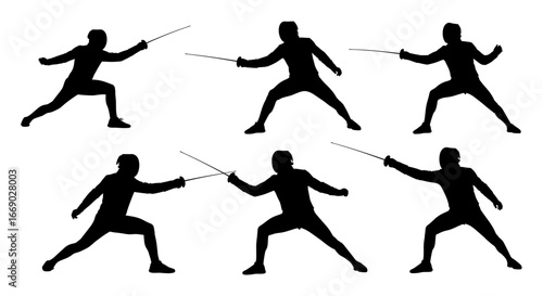 Fencing Silhouettes: Dynamic Positions in Elegant Sword Fighting Action