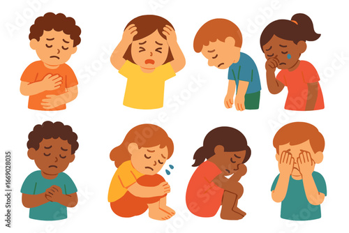 Emotional Icons Grid. Flat vector mini-illustrations suffering gestures in colors children's illustrations: clutching chest,