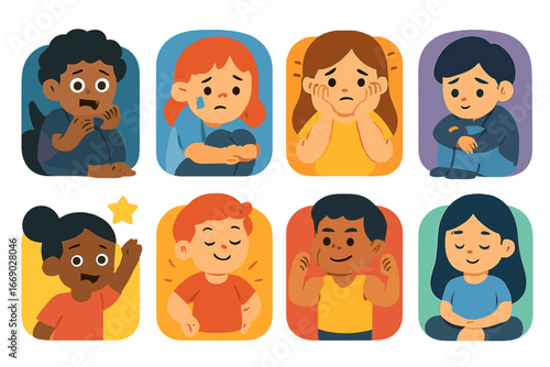 Emotional Illustrations Grid. Flat vector mini-illustrations abuse emotions in colors children's illustrations: fear, sadness,