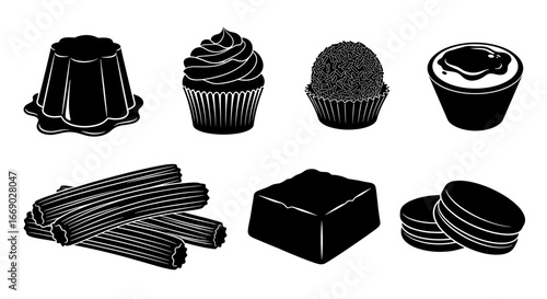Delicious dessert selection: Black and white vector illustrations on white background.