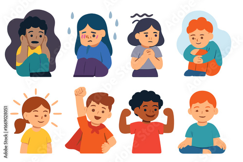 Emotional Illustrations Grid. Flat vector mini-illustrations abuse emotions in colors children's illustrations: fear, sadness,