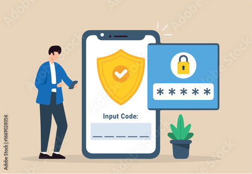 Flat illustration of user activating two-factor authentication on smartphone with verification code input	
