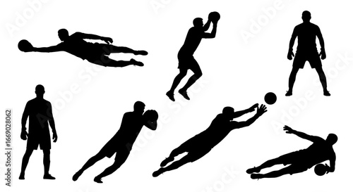 Dynamic Collection of Soccer Goalkeeper Action Silhouettes on White Background